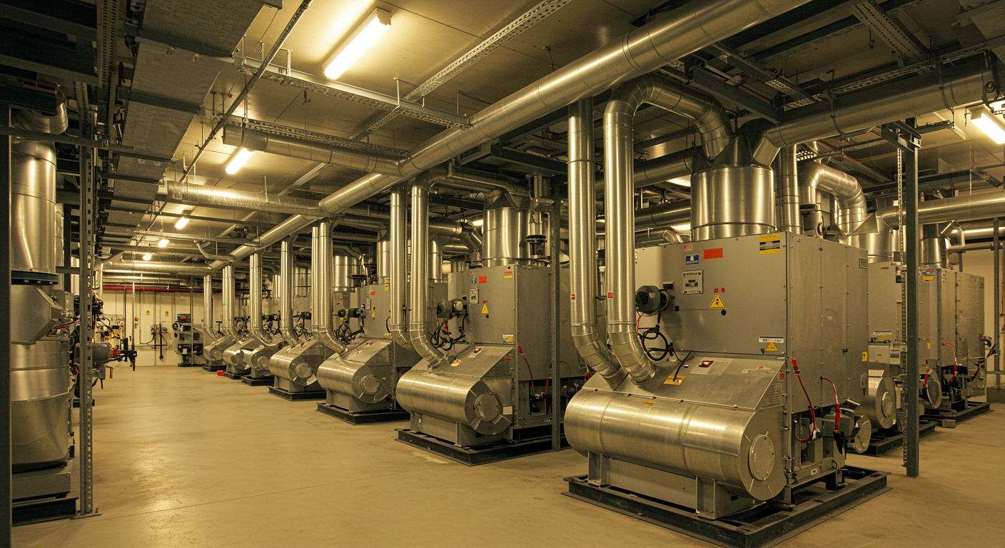 Pristine industrial mechanical room with organized HVAC units and polished steel pipework, showcasing finished equipment maintenance in a construction engineering environment