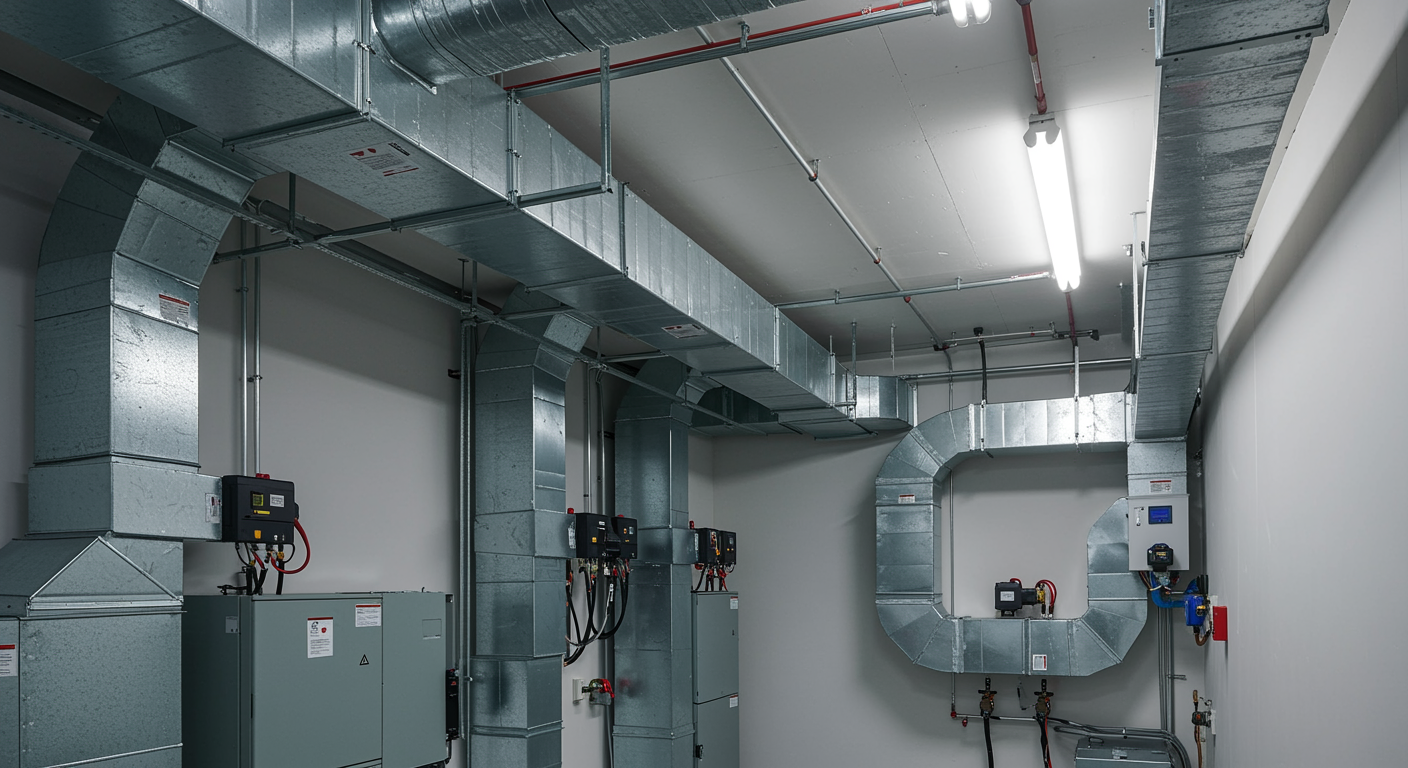 Pristine mechanical room with new HVAC system and polished air ducts, representing expert construction and mechanical engineering services