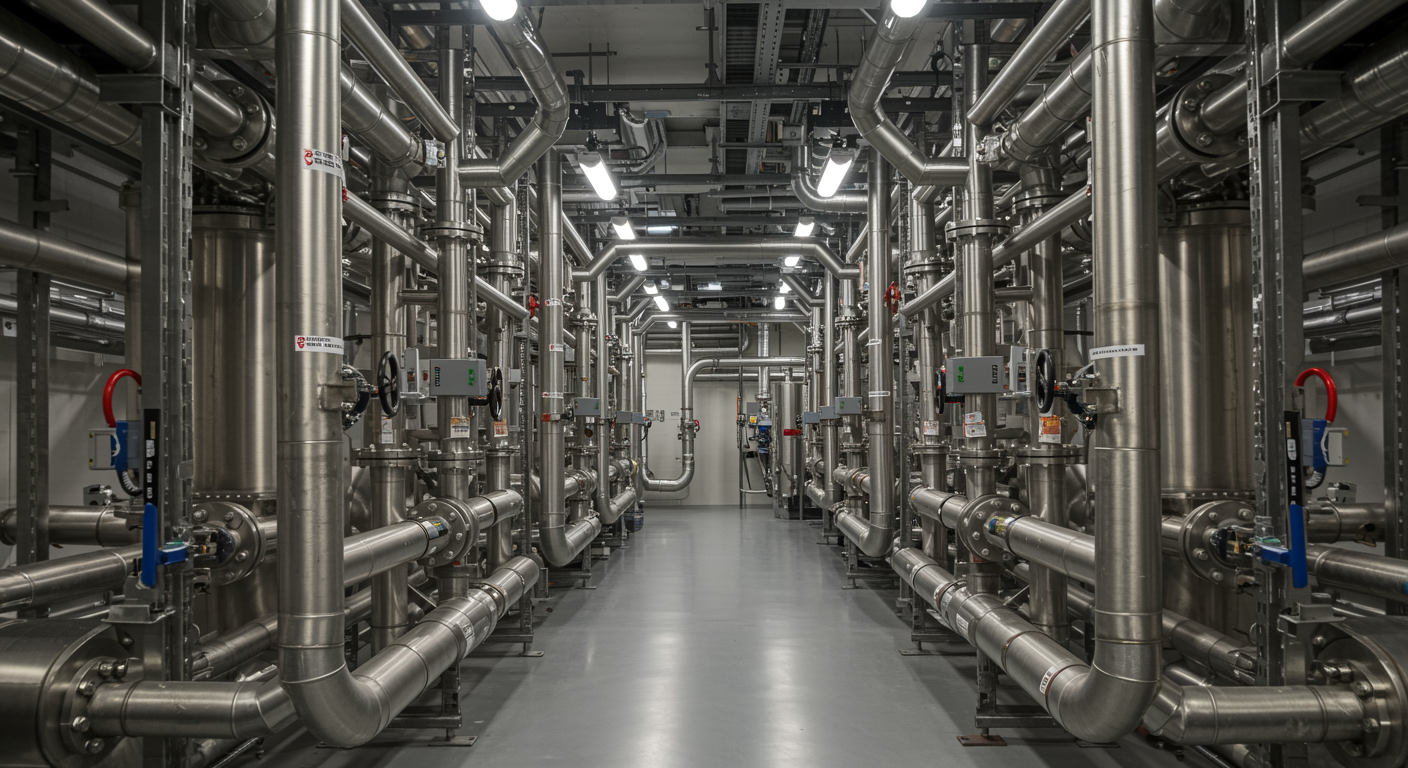 Completed pipework installation in a mechanical room with organized stainless steel pipes and chrome accents for a construction and mechanical engineering company